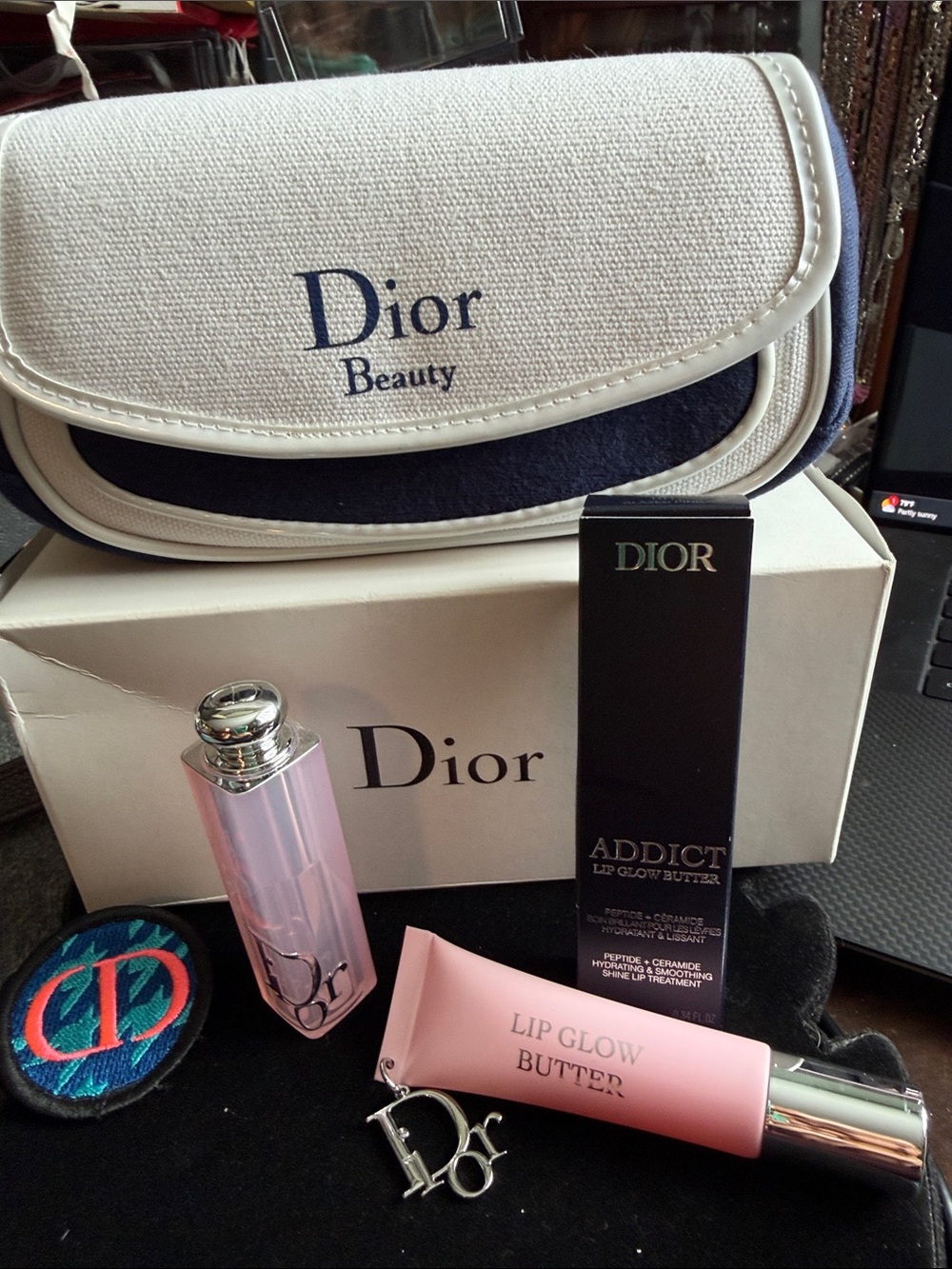 Dior Beauty Lip Glow Butter 001 Pouch Scarf Pin Bundle